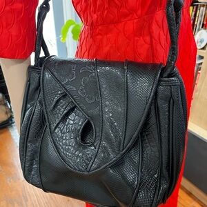 Elegant Black faux vegan leather embossed Textured crossbody bag Purse